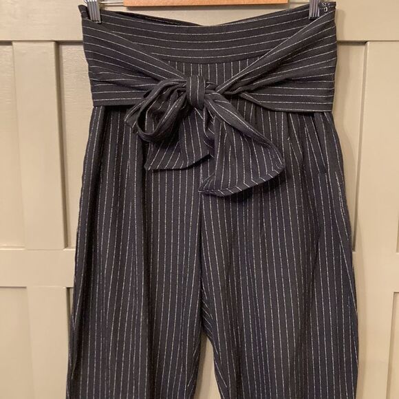 Anthropologie Pinstripe High Rise Tie Waist Tapered Pants Size 6 - Picture 8 of 12